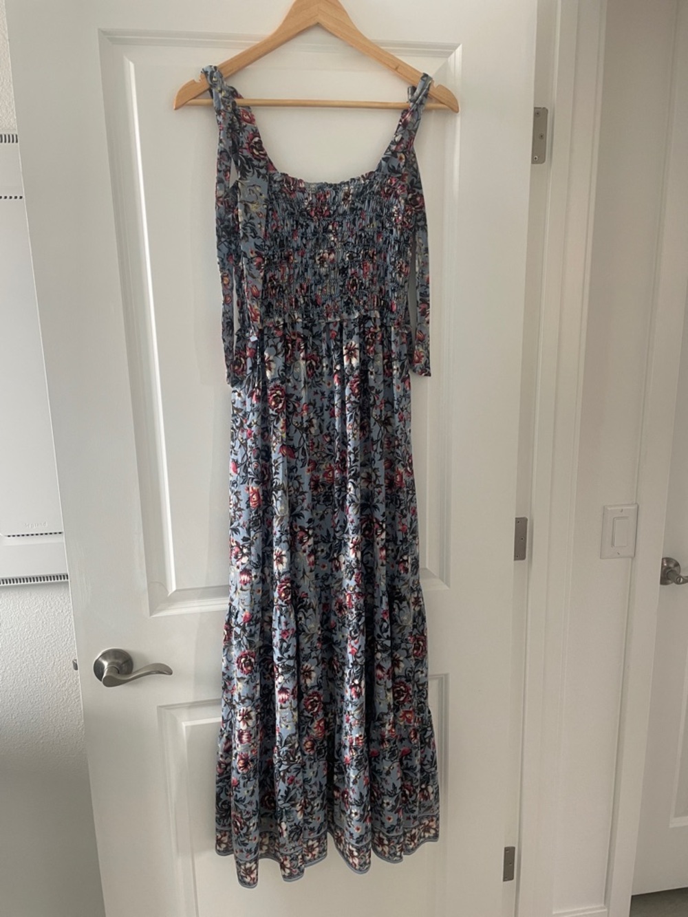 Max Studio Blue Floral Smocked Maxi Dress with Pink Accents